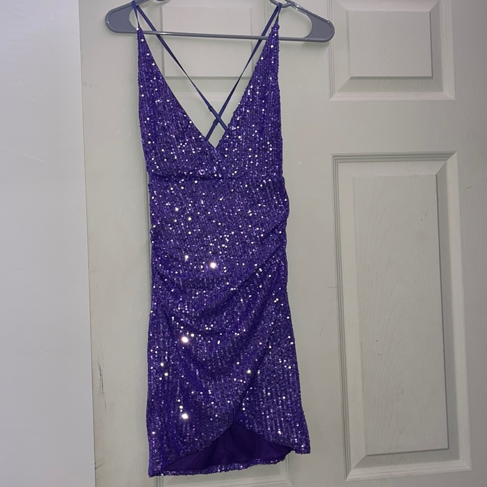 Purple sequence mini dress open back